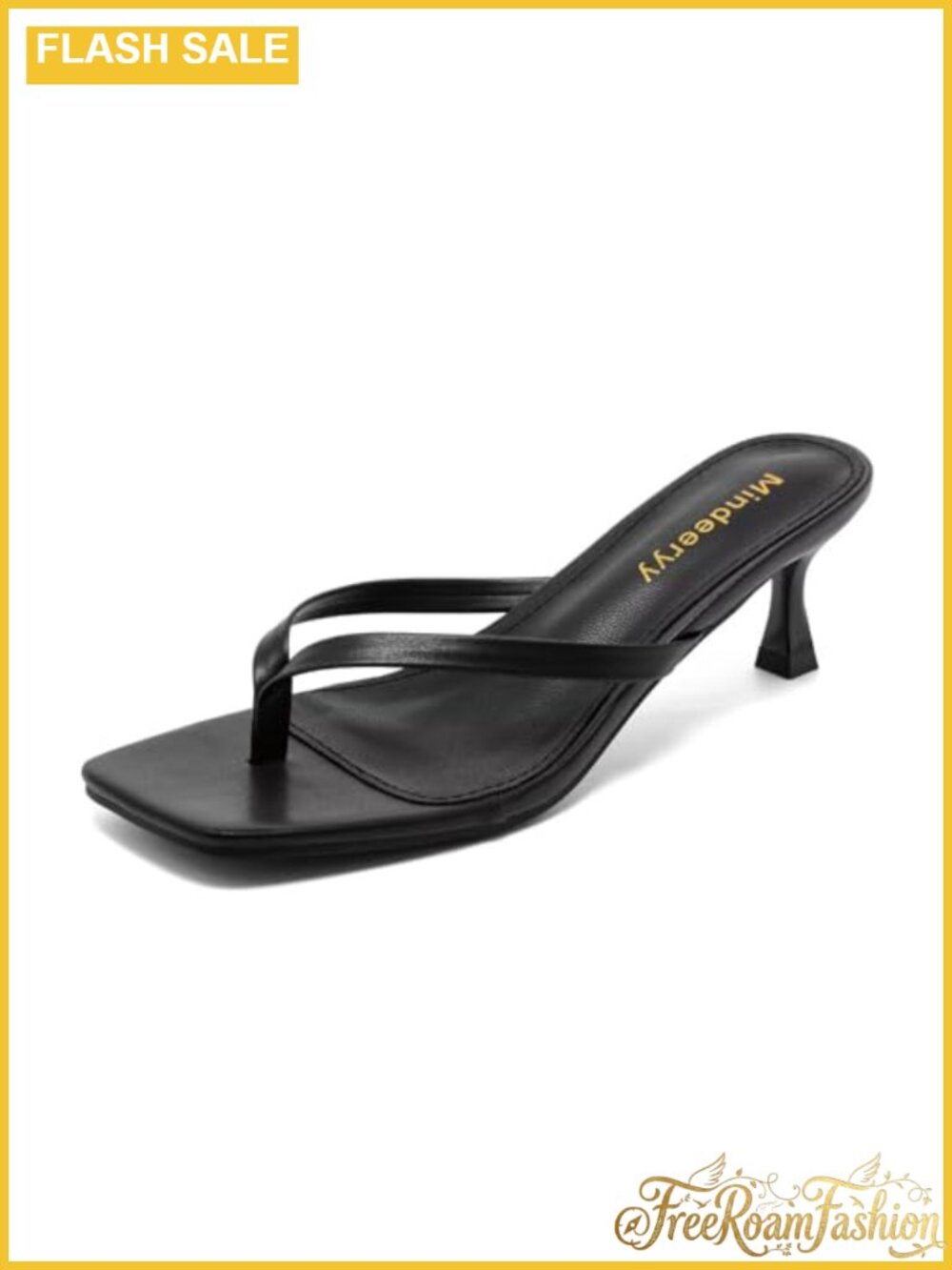 Faux Leather Thong Sandals Kitten Heel Square Toe Slip-On